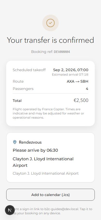 Confirmation screen after payment: scheduled takeoff and estimated arrival, route, passengers, total, the Rendezvous block with the arrival time, the Add to calendar (.ics) button and the reminder of the sign-in link sent by email.
