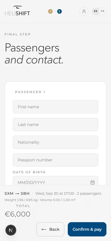 Once a departure is picked: the Finalize screen (passengers, contact, baggage, total, terms checkbox, Confirm & pay button).