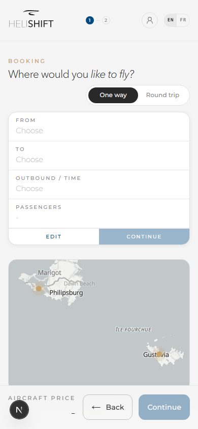 Search screen of the booking funnel: One way or Round trip, From and To, Outbound / time, passenger counter. The list of available departures opens inside the Outbound / time cell once a date is picked.