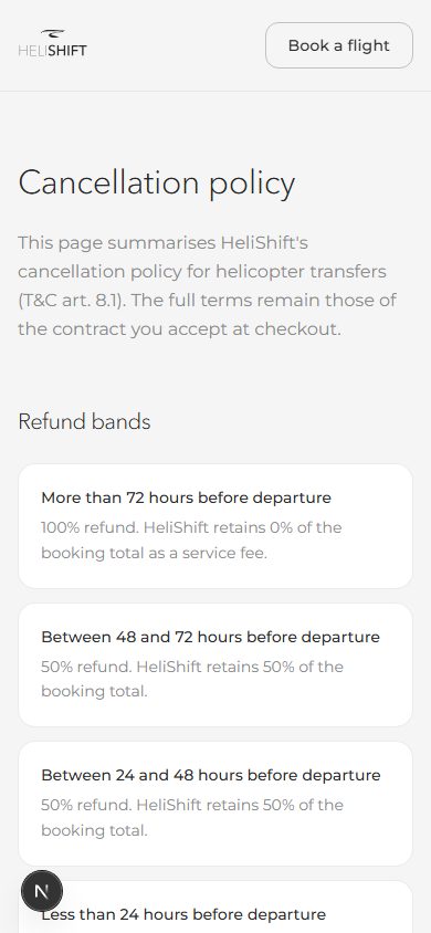 Reference legal page for every refund or cancellation question. Link to it from the guide rather than quoting a fee schedule.