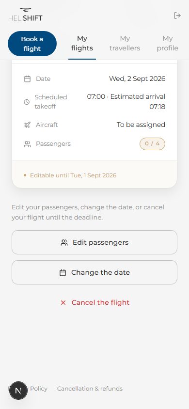 Summary of a confirmed flight with its three actions: Edit passengers, Change the date, Cancel the flight (requires a customer account holding a confirmed flight).