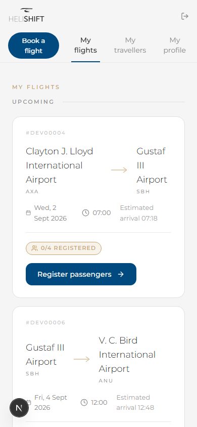 Connected My flights list: Upcoming and Past sections, status badges, Register passengers or View details button, Invoice button.