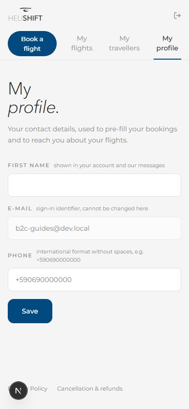 My profile: first name, read-only email, phone number, Save button.