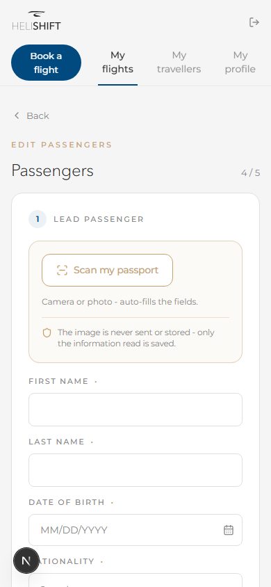 From Register passengers (Edit passengers on the flight summary): one form per passenger, with the Scan my passport button active (real MRZ scan, unlike the traveller book).