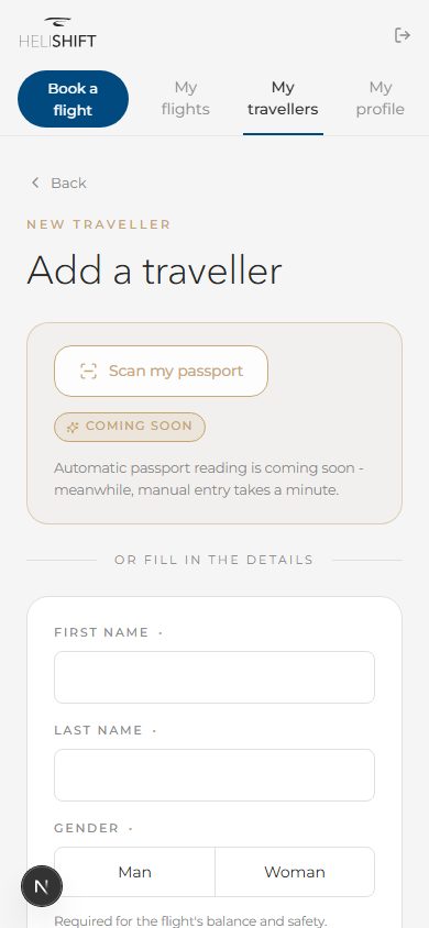 After tapping Add a traveller: the manual form (name, category, nationality, passport) and the consent checkbox.