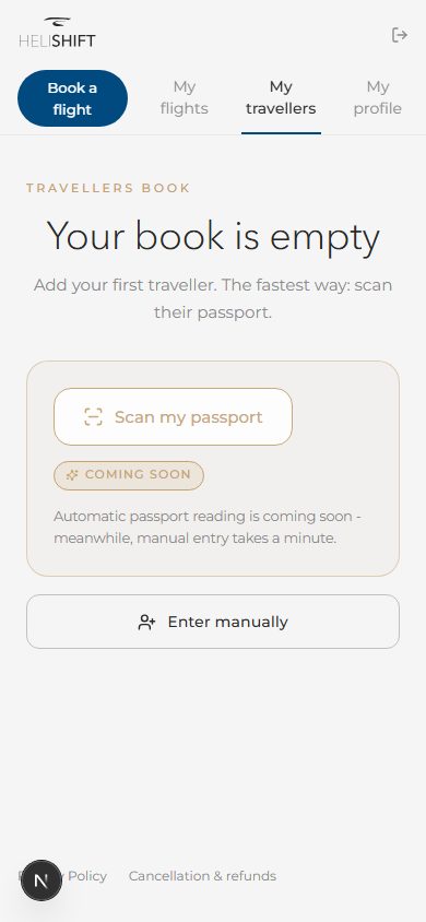 My travellers book: saved travellers, or the empty state with the Scan my passport button disabled (Coming soon badge) and the Enter manually button.