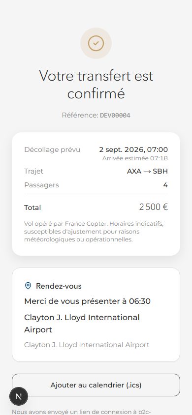 Écran de confirmation après paiement : décollage prévu et arrivée estimée, trajet, passagers, total, bloc Rendez-vous avec l'heure de présentation, bouton Ajouter au calendrier (.ics) et rappel du lien de connexion envoyé par e-mail.