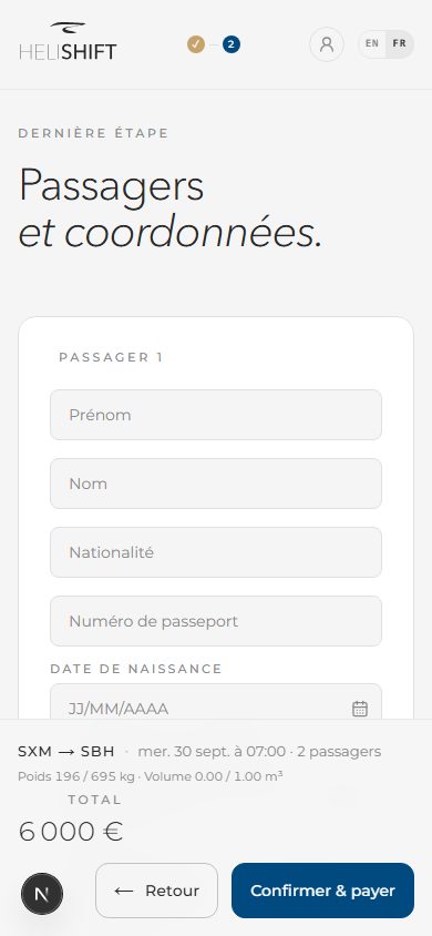 Après sélection d'un créneau : écran Finalisation (passagers, contact, bagages, total, case CGV, bouton Confirmer & payer).