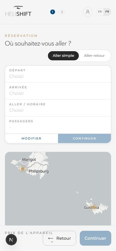 Écran de recherche du tunnel : « Aller simple » ou « Aller-retour », « Départ » et « Arrivée », « Aller / horaire », compteur de passagers. La liste des départs disponibles s'ouvre à l'intérieur de la cellule « Aller / horaire » une fois la date choisie.