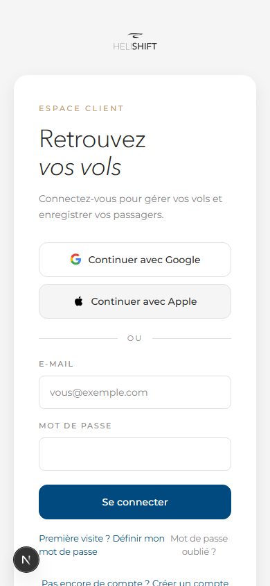 Porte de connexion/inscription (AuthCard) affichée quand le visiteur n'est pas connecté : Google, Apple, e-mail/mot de passe.