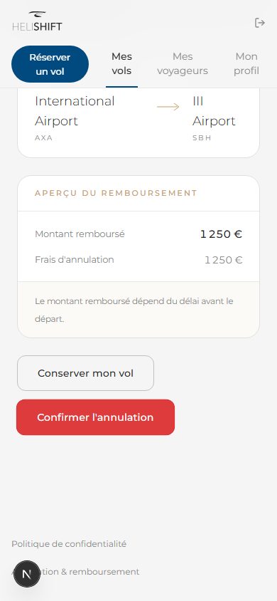 Depuis 'Annuler le vol' : dialogue de confirmation avec aperçu du remboursement.