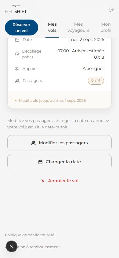 Récapitulatif d'un vol confirmé avec les trois actions : Modifier les passagers, Changer la date, Annuler le vol (nécessite un compte b2c avec un vol confirmé existant).