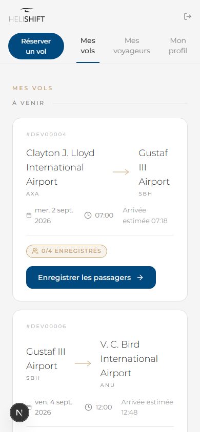 Liste Mes vols connectée : sections À venir/Passés, badges de statut, bouton Enregistrer les passagers ou Voir le détail, bouton Facture.