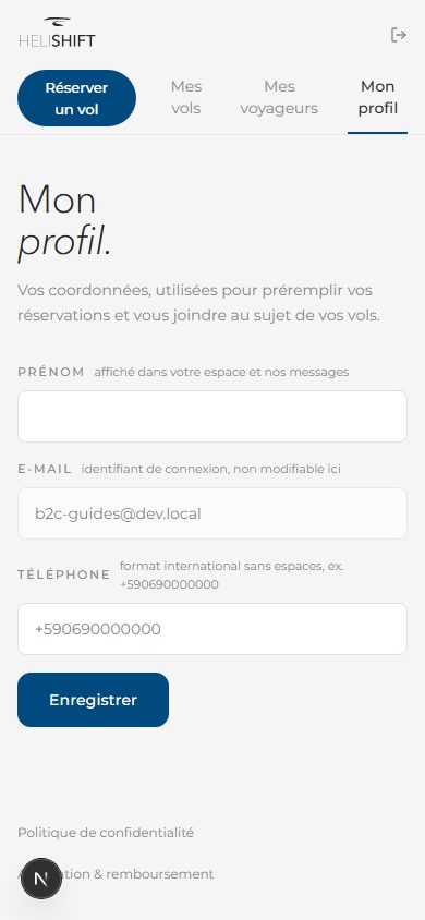 Mon profil : prénom, e-mail en lecture seule, téléphone, bouton Enregistrer.